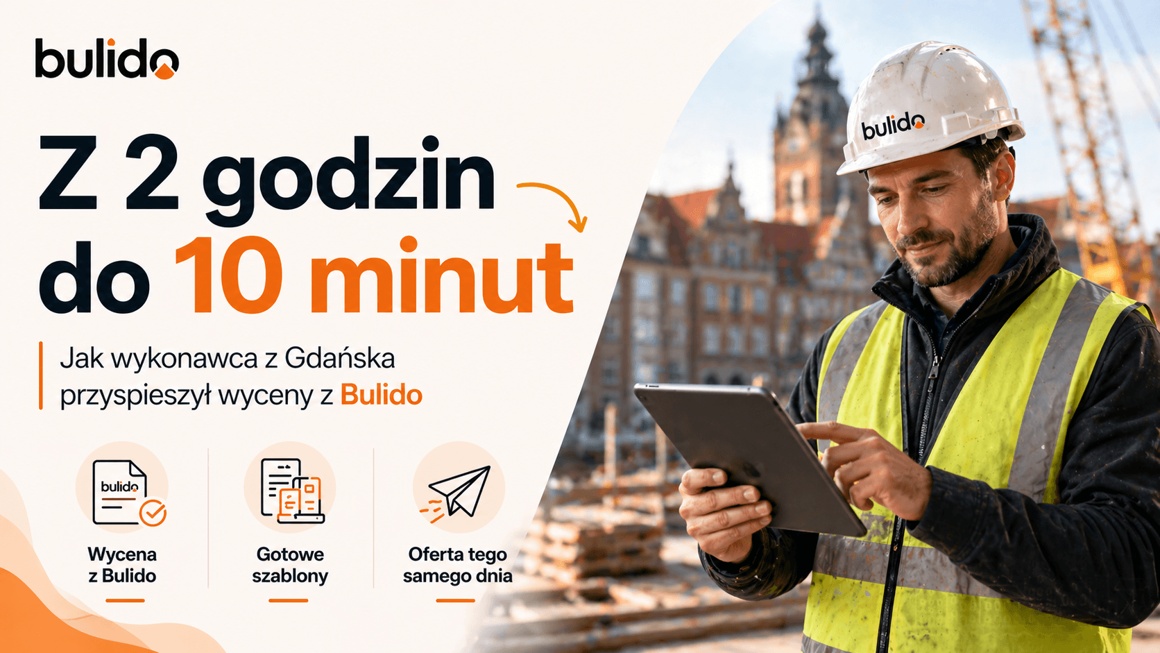 Wykonawca w kasku i kamizelce odblaskowej przygląda się tabletowi na placu budowy